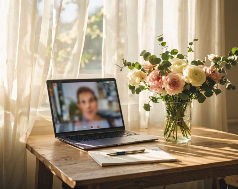 A laptop sits open on a wooden table beside a window with a vase of flowers, a notepad and pen.