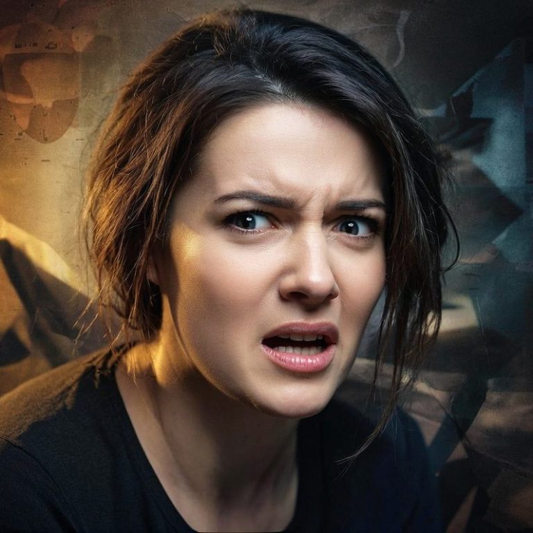 Woman with anguished facial expression.
