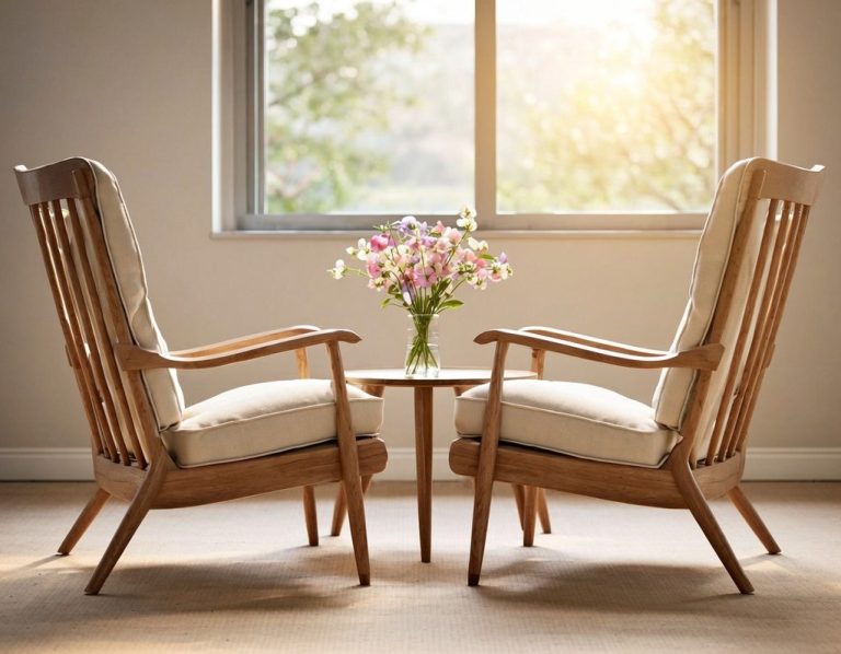 Two Ercol style arm chairs in a sunny room with a small coffee table and a vase of flowers.